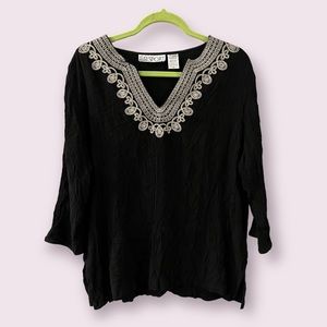 𝅺C.D. Sport Tunic Blouse Beaded Lined Gold Embroidered Vintage 90s Bohemian L